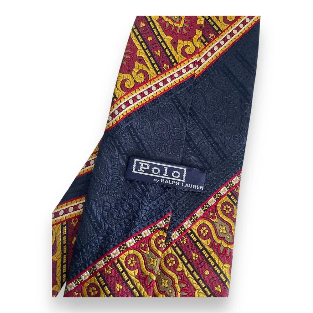 Vintage Polo Ralph Lauren Silk Tie Navy Blue Red Gold‎ Paisley Jacquard Wide